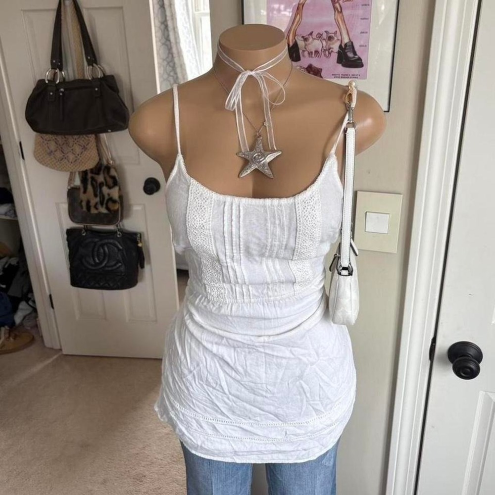 Y2K 2000s White Smocked Babydoll Cami tank top dress